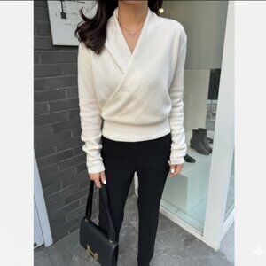 CASHMERE SHAWL COLLAR FAUX-WRAP SWEATER
